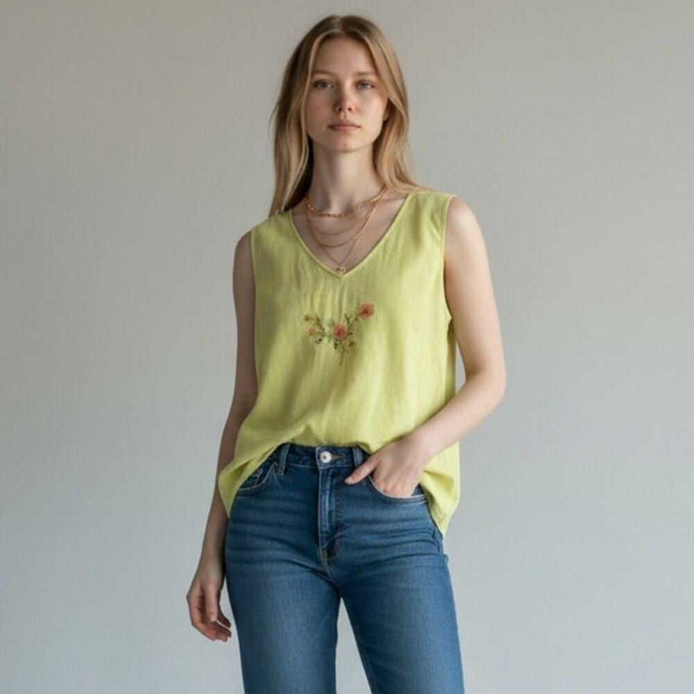 Richard Malcolm Irish Linen 3D Floral Sleeveless Top Vintage Women's Sz L Yellow